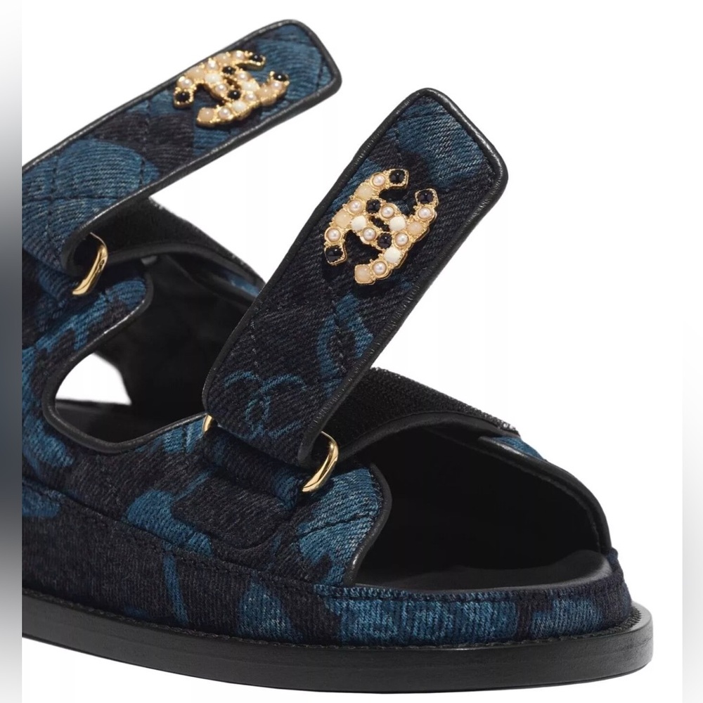 CHANEL Black & Denim CC Logo Mule Slide Strap Flat Sandals - Picture 4 of 9